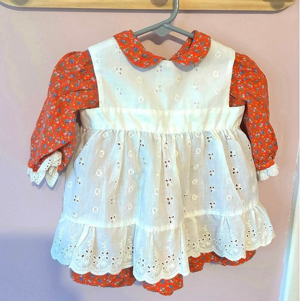 Vintage 1970s Red Floral Eyelet Overlay Toddler Dress & Pinafore Set